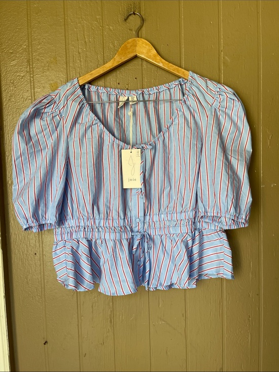 Joie Tops - Joie Light Blue Striped Peplum Puff-Sleeve Top in blue & red Size XL